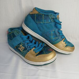 DC Manteca 2 Mid Womans High Top Skateboard Shoes Sz 7.5 Gold Teal Plaid